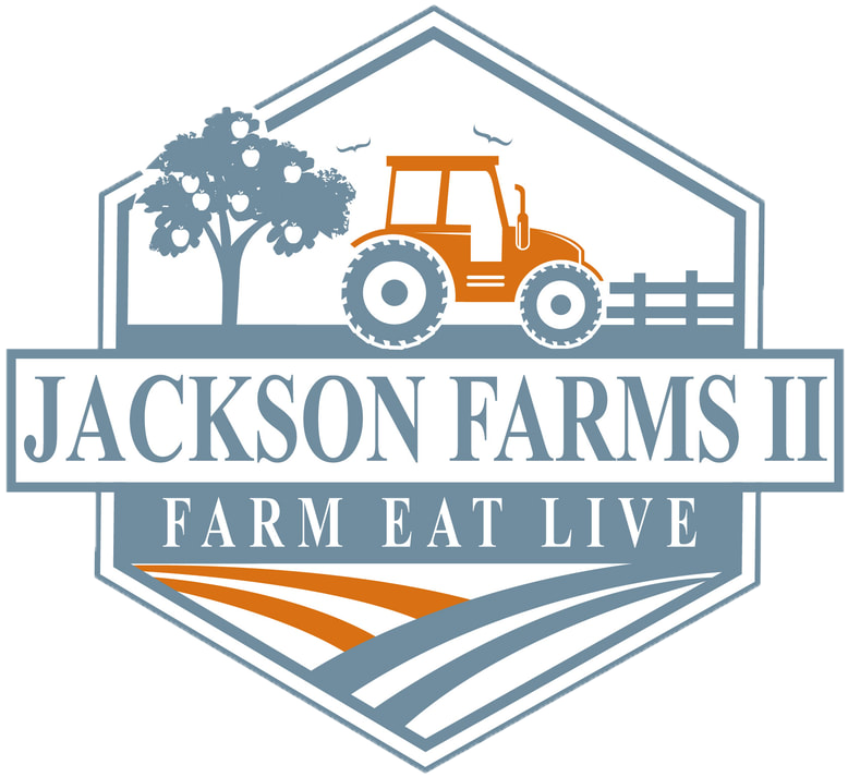 Logo of Jackson Farms II featuring a stylized orange tractor, trees, and a fence, with the slogan "Farm Eat Live" emphasizing sustainable farming and fresh produce.